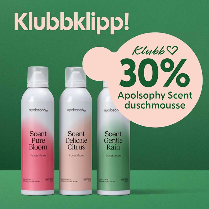 Tre vita apolosophy-flaskor i rosa, beige och grön nyans framför grön bakgrund med rosa bubbla text "Klubb 30% Apolosophy Scent duschmousse".