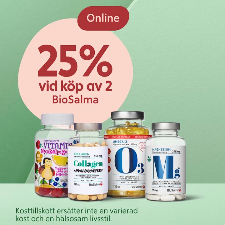 Fyra BioSalma-kosttillskottsburkar (vitamintuggisar, kollagen, omega-3-kapslar, magnesium) uppradade framför en grön bakgrund med en rosa cirkeltext som lyder "25% vid köp av 2 BioSalma" och en liten röd etikett "Online".