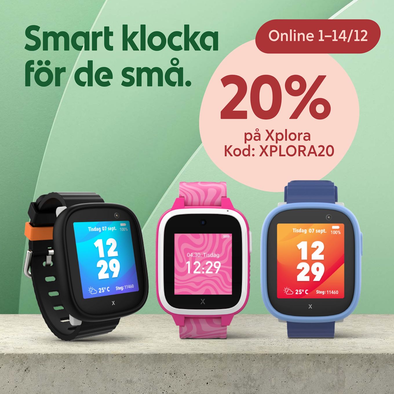 Tre smarta klockor i svart, rosa och blått visas på en betongyta med text som erbjuder 20% rabatt på Xplora online 1-14 december.
