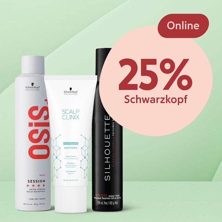 Tre Schwarzkopf-produkter (OSIS+, Scalp Clinix, Silhouette) stående framför grön bakgrund med rosa cirkel text "25% Schwarzkopf" och "Online".