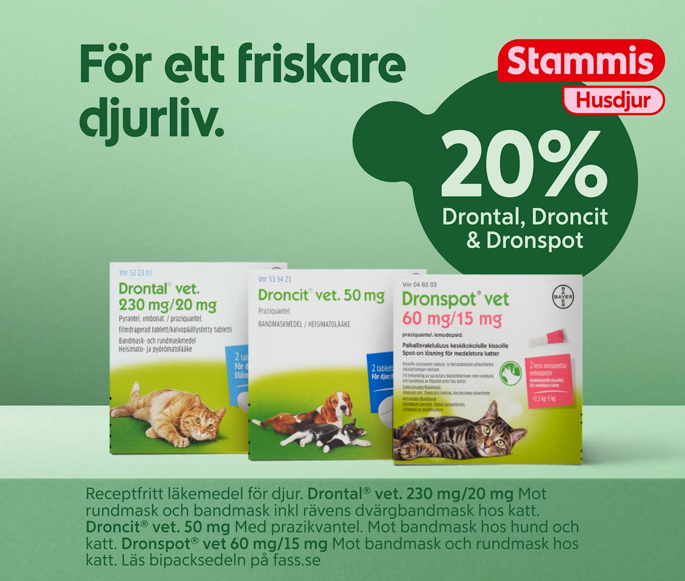 Tre paket med veterinärmedicin Drontal, Droncit och Dronspot för behandling av mask hos hund och katt på grön bakgrund. Erbjudande om 20% rabatt via Stammis Husdjur.
