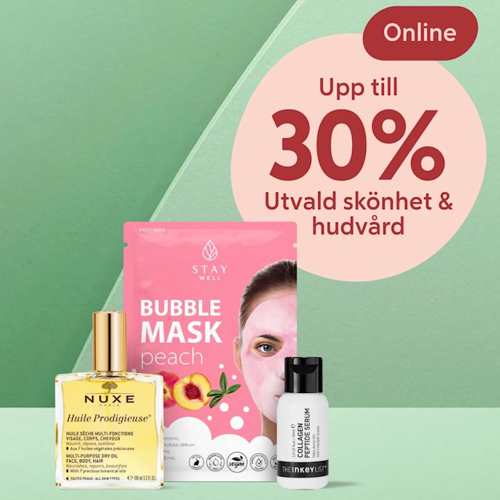 Tre hudvårdsprodukter, inklusive en NUXE multi-purpose torr olja, en Stay Well peach bubble mask och en The Inkey List kollagen peptid serum, mot en grön bakgrund med text om upp till 30% rabatt.