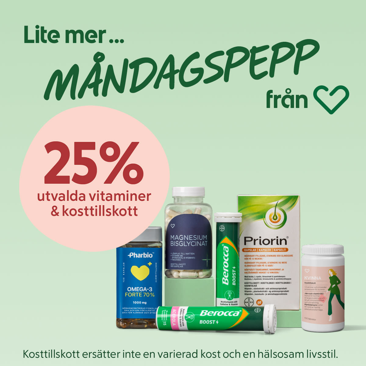 Kosttillskott från flera varumärken, bland annat Pharbio Omega-3, Hjärtats+ Magnesiumbisglycinat, Berocca och Priorin, står uppradade framför en ljusgrön bakgrund med en rosa cirkel som visar "25% utvalda vitaminer & kosttillskott". Rubriken lyder "Lite mer måndags-pepp från Hjärtat".