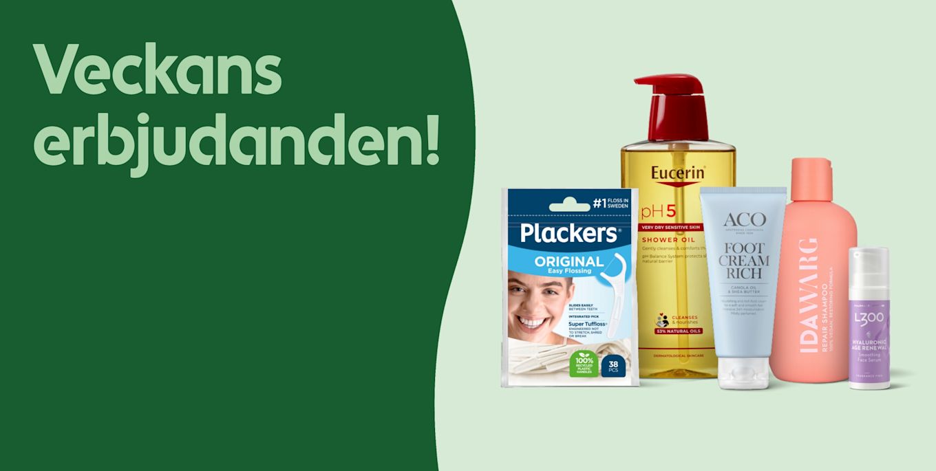 Texten "Veckans erbjudanden!" bredvid fem olika hud- och hårvårdsprodukter ordnade i rad på ljus bakgrund.