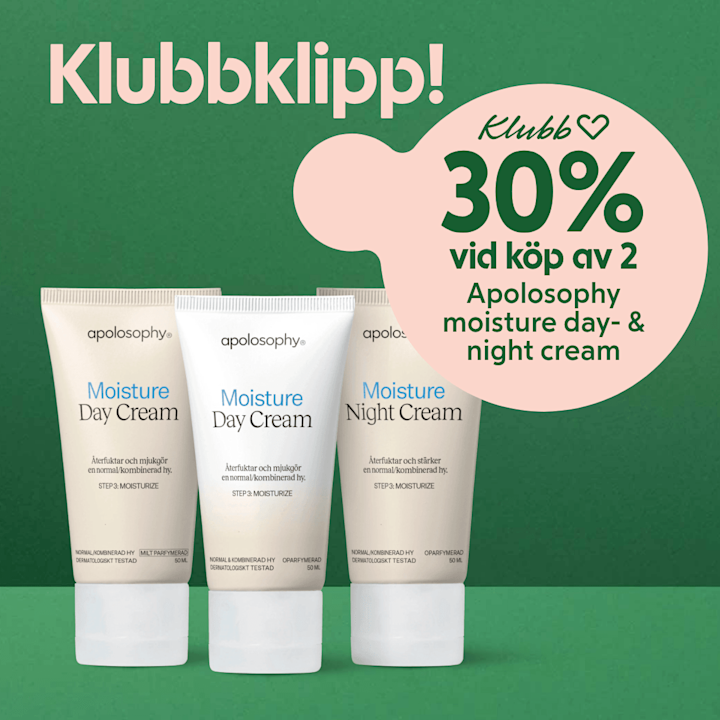 Tre apolosophy-fuktkrämsrör stående på grön bakgrund, två märkta "Moisture Day Cream" och ett "Moisture Night Cream", med en rosa pratbubbla som reklamerar "Klubb 30% vid köp av 2 Apolosophy moisture day- & night cream".
