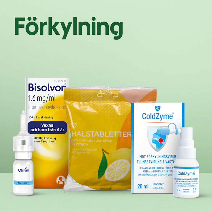 Ingång till kategorin Förkylning. I bild står hostmedicin, nässpray och halstabletter från Otrivin, Bisolvon, Hjärtats, ColdZyme mot en ljusgrön bakgrund med rubriken "Förkylning".