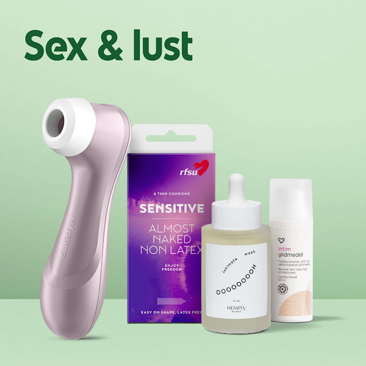 Ingång till kategorin Sex & lust. I bild står proukter från Satisfyer, RFSU, Hemply och Hjärtats mot en grön bakgrund med rubriken "Sex & lust".