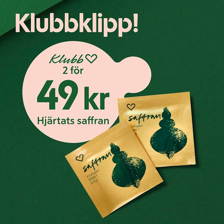 Två gula påsar med hjärtats saffran visas bredvid en rosa bubbla med texten klubb 2 för 49 kr på grön bakgrund.