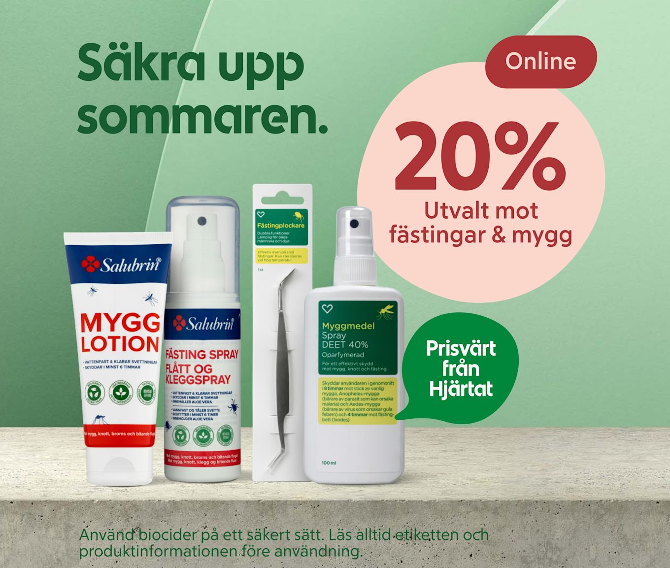 Myggmedel, fästingmedel och fästingplockare på grön bakgrund med texten "Säkra upp sommaren" och en rosafärgad cirkel visar "20% Utvalt mot fästingar & mygg".