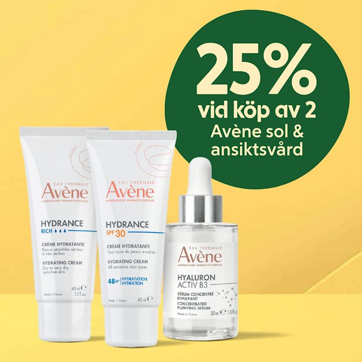 Tre Avène-hudvårdsprodukter (två Hydrance-krämer och ett Hyaluron Activ B3-serum) stående framför gul bakgrund med en grön cirkel där texten "25% vid köp av 2 Avène sol & ansiktsvård" syns.