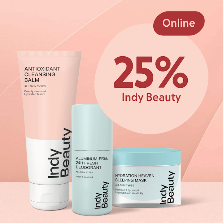 Tre Indy Beauty-produkter (cleansing balm, deodorant, sleeping mask) framför rosa bakgrund med text "25% Indy Beauty" och etiketter synliga.