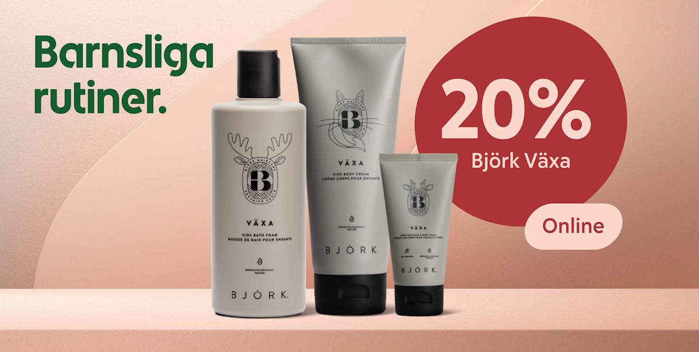 Tre Björk Växa barnvårdsprodukter i tuber och flaska står på en hylla med texten "Barnsliga rutiner" och erbjudandet "20% Björk Växa Online" i röd cirkel.