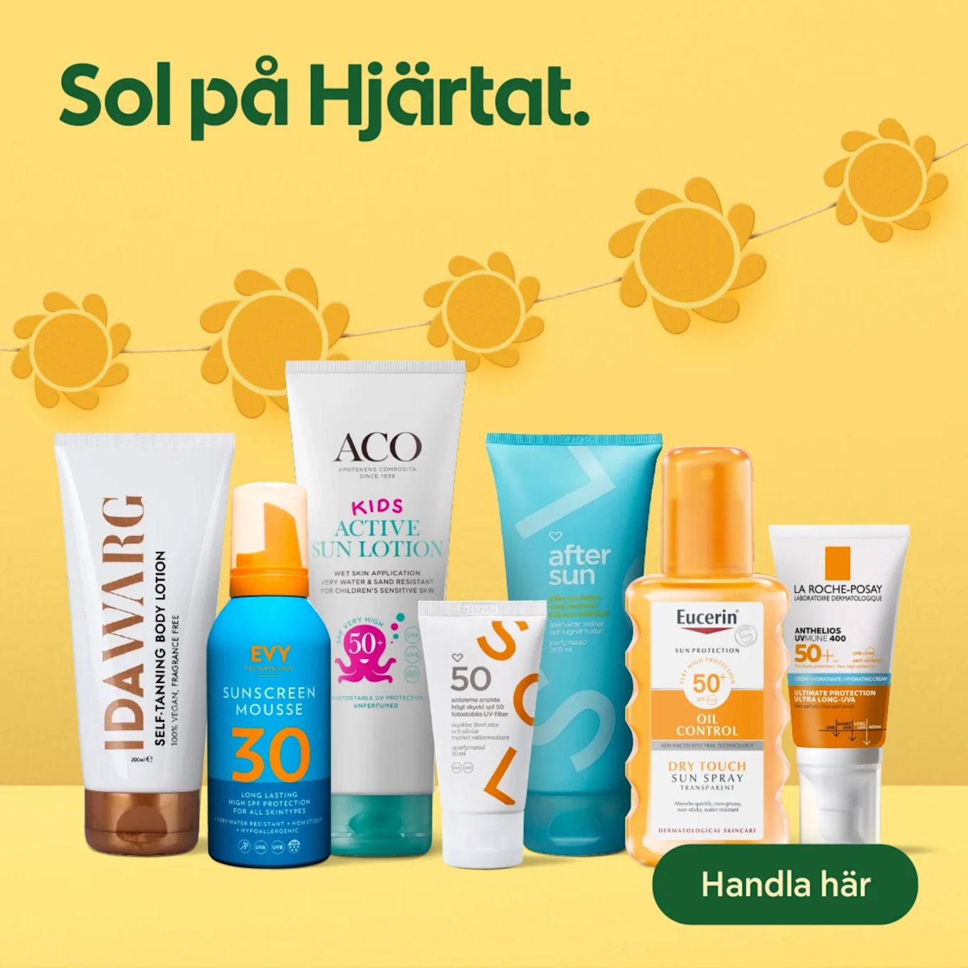 Flera solskydds- och aftersun-produkter i rader framför gul bakgrund med texten "Sol på Hjärtat.".