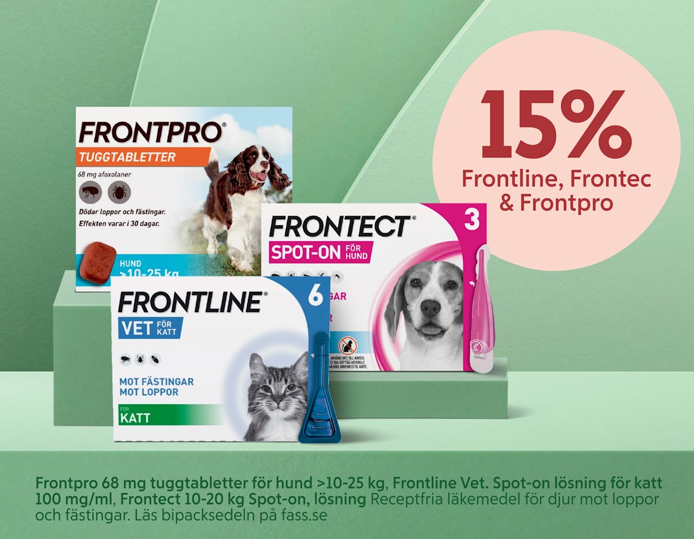 Flera förpackningar av Frontline-, Frontect- och Frontpro-produktlinjer för hund och katt uppradade på gröna trappsteg, med en rosa cirkel till höger som visar texten "15%".