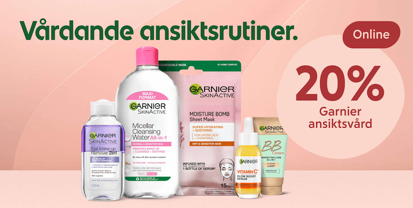 Flera Garnier ansiktsvårdsprodukter (micellär-vatten, ögonmakeupborttagare, sheetmask, serum, BB‑kräm) står mot en rosa bakgrund med texten "Vårdande ansiktsrutiner" och en cirkel som visar "20% Garnier ansiktsvård".