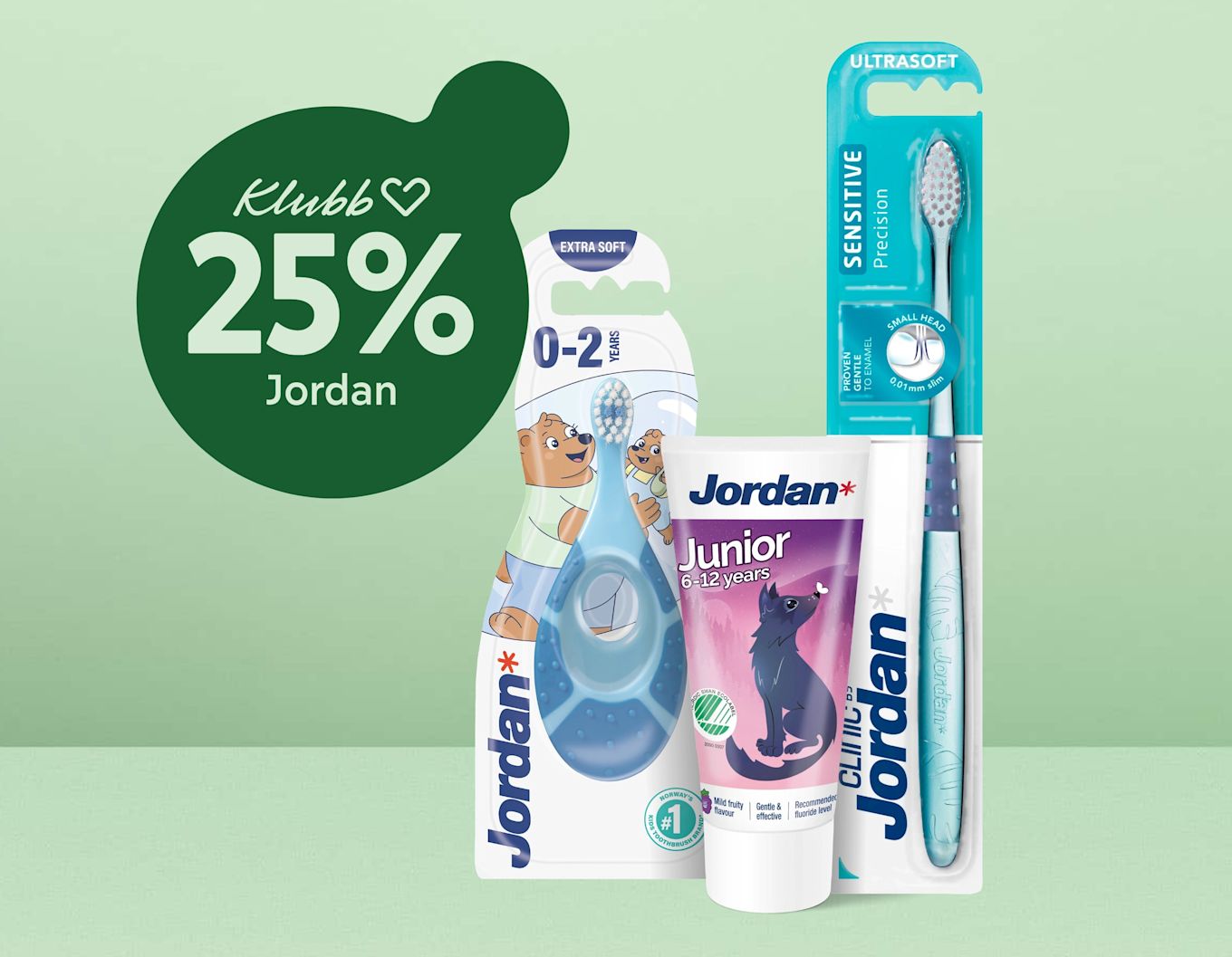 Stor mörkgrön cirkel med texten "Klubb 25% Jordan" till vänster och till höger olika Jordan munvårdsprodukter för barn i förpackning: blå tandborste, barnstöd, och junior tandkräm mot ljusgrön bakgrund.