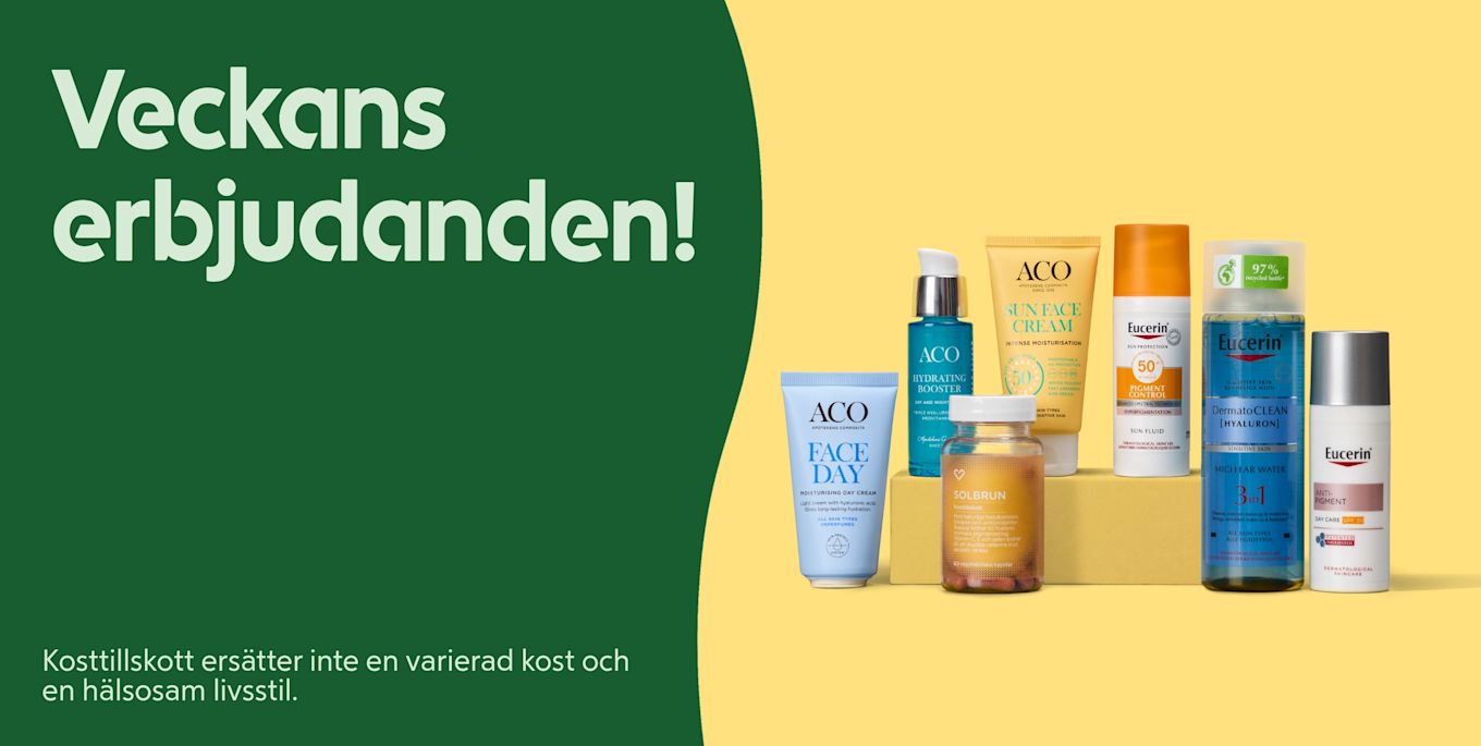 Grupp av hudvårdsprodukter från ACO och Eucerin uppställda på en gul bakgrund, inklusive ansiktskräm, solkräm, serum, micellvatten och kosttillskott med texten "Veckans erbjudanden!" synlig till vänster.