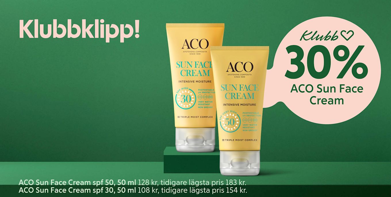 Två tuber med ACO Sun Face Cream med SPF 30 och 50 står på en grön plattform med texten "Klubbklipp! Klubb 30% ACO Sun Face Cream" på grön bakgrund.