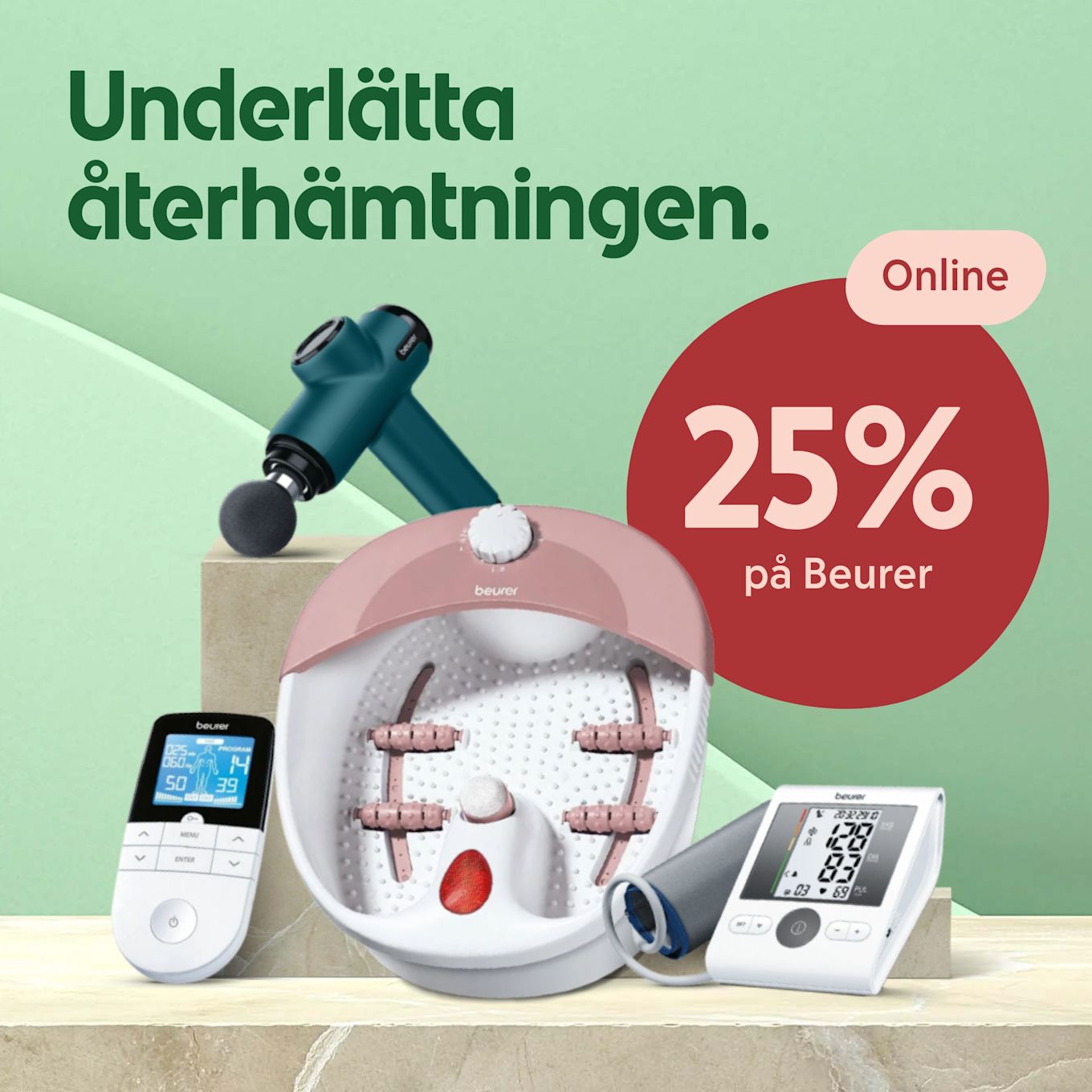 Massagepistol, fotbad med massagerullar, TENS-apparat och blodtrycksmätare visas vid kampanj med texten "Underlätta återhämtningen" och "25% på Beurer online" på grön bakgrund.