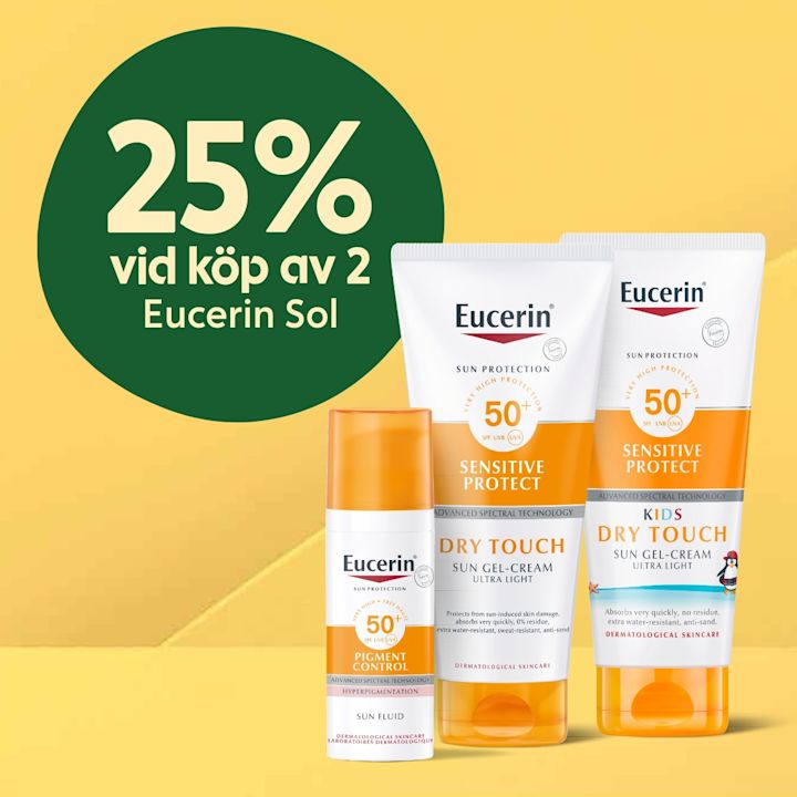 Gruppt av tre Eucerin solprodukter (SPF 50+) i vita och orange förpackningar framför gul bakgrund, bredvid grön cirkel med texten "25% vid köp av 2 Eucerin Sol".