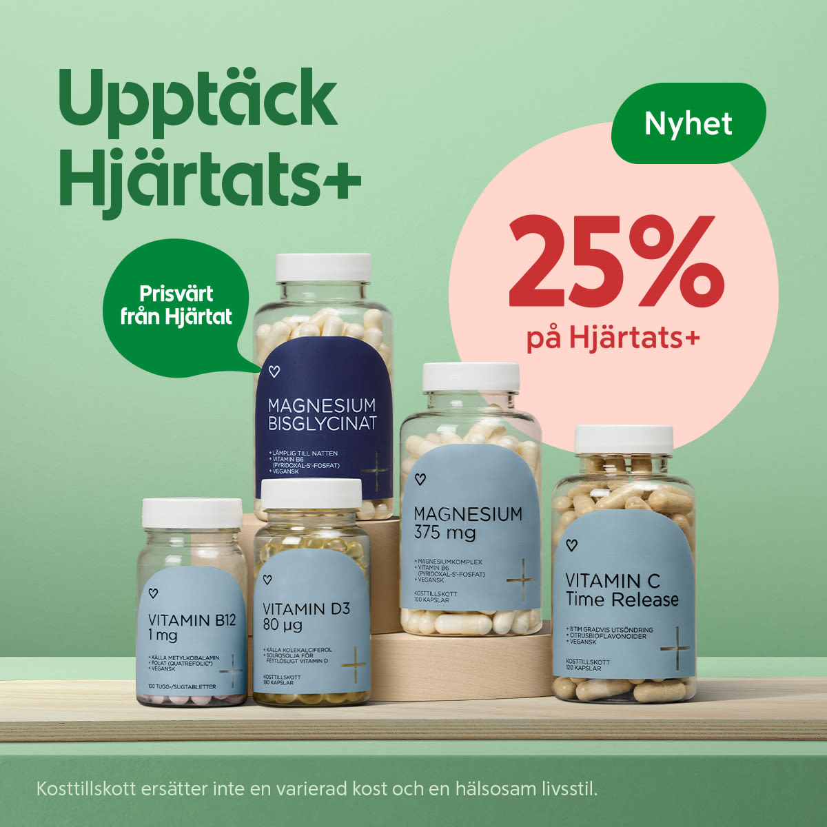 Flaskor med kosttillskott Vitamin B12, D3, Magnesium och Vitamin C visas på träbord med text om 25% rabatt på Hjärtats+.