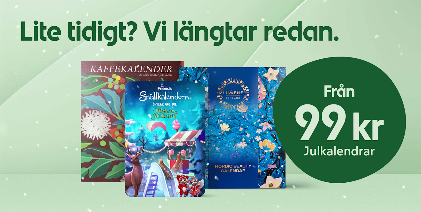 Flera färgstarka julkalendrar i olika motiv stående framför en ljusgrön bakgrund med texten "Lite tidigt? Vi längtar redan." och en grön cirkel som visar priset "Från 99 kr".