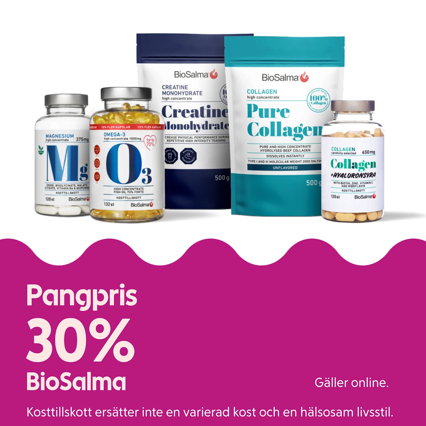 Stor bild av BioSalma-kosttillskott i burkar och påsar (magnesium, omega-3, kreatin, kollagen) till höger och en rosa panel till vänster med texten "Pangpris 30% BioSalma" och liten notis om att erbjudandet gäller online.