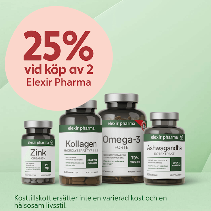 Fyra kosttillskottsburkar framför ljusgrön bakgrund: Zink, Kollagen, Omega-3 Forte och Ashwagandha, bredvid en stor rosa cirkel med texten "25% vid köp av 2 Elexir Pharma".