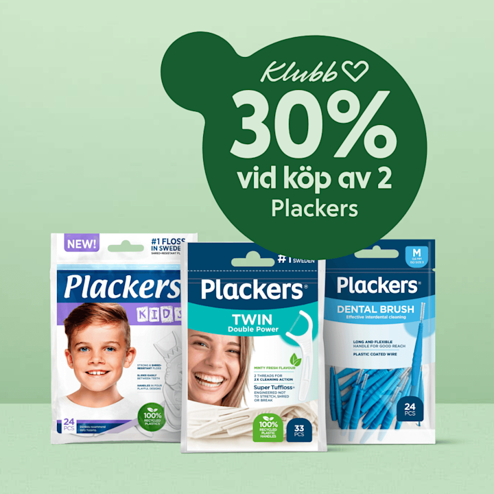 Tre Plackers-förpackningar (Kids, Twin Double Power, Dental Brush) i förgrunden med en stor grön cirkeltext som säger "Klubb 30% vid köp av 2 Plackers."