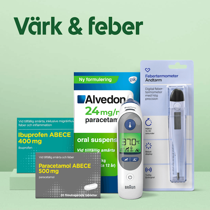 Vårdprodukter mot smärta och feber: förpackningar med Alvedon oral suspension, Paracetamol ABECE 500 mg, Ibuprofen ABECE 400 mg, en Braun örontermometer som visar 37,0°C och en digital febertermometer i blisterförpackning på ljusgrön bakgrund.