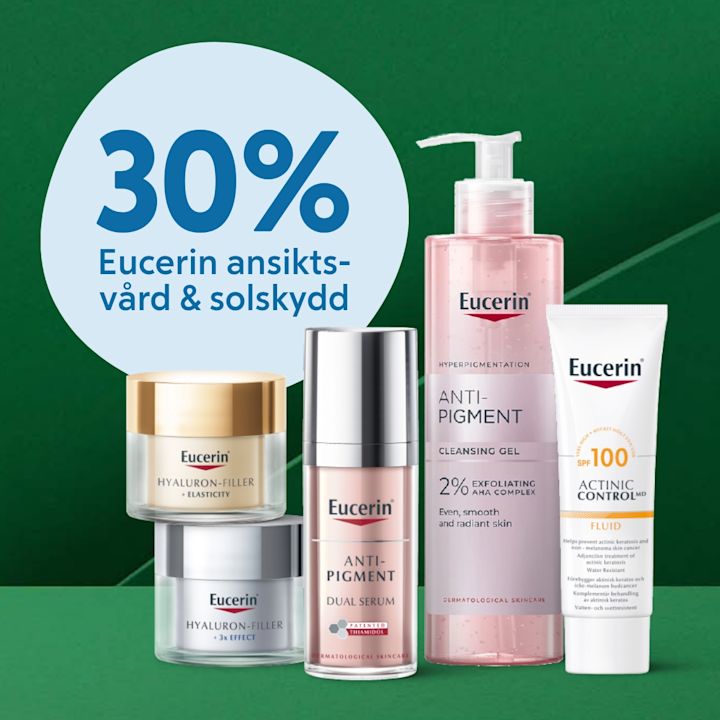 Fyra Eucerin ansiktsvårdsprodukter står på rad framför en mörkgrön bakgrund med texten "30% Eucerin ansiktsvård & solskydd" i en ljusblå cirkel till vänster.