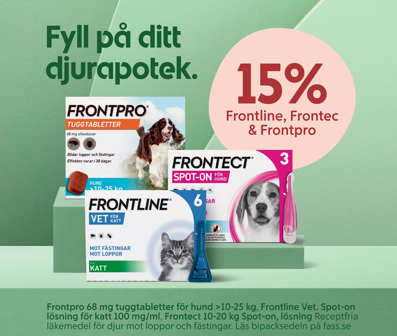 Tre fästingprodukter för djur (Frontpro tuggtabletter med springer spaniel, Frontect spot‑on med hundbild och rosa pipett, Frontline Vet för katt med kattbild och blå pipett) uppradade på gröna podium mot grönt bakgrund med texten "15% Frontline, Frontec & Frontpro" i rosa cirkel.