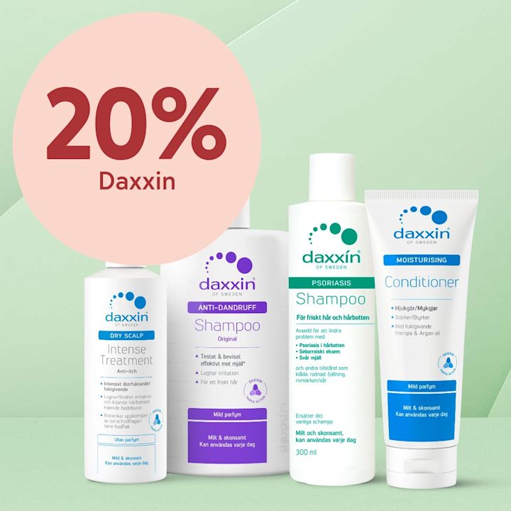 Fyra Daxxin-hårvårdsprodukter (Intense Treatment, Anti-Dandruff Shampoo, Psoriasis Shampoo, Moisturising Conditioner) uppradade framför grön bakgrund med stor rosa cirkel text "20% Daxxin".