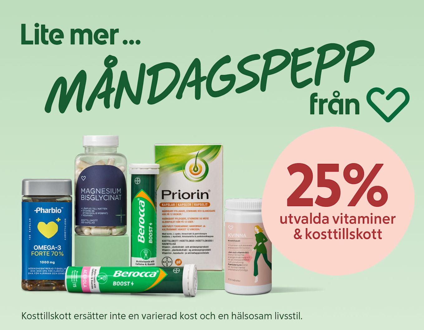 Flera vitamin- och kosttillskottsförpackningar (Omega-3, magnesium, Berocca, Priorin, Kvinna) uppställda framför ljusgrön bakgrund med texten "Lite mer... MÅNDAGSPEPP från Hjärtat" och en rosa cirkel med "25% utvalda vitaminer & kosttillskott".
