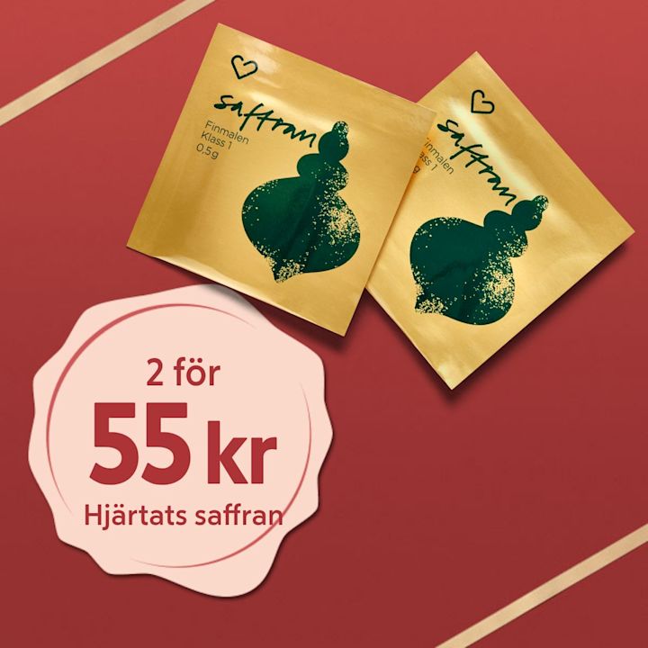 Två gula påsar med finmald saffran klass 1 på röd bakgrund med texten "2 för 55 kr Hjärtats saffran".