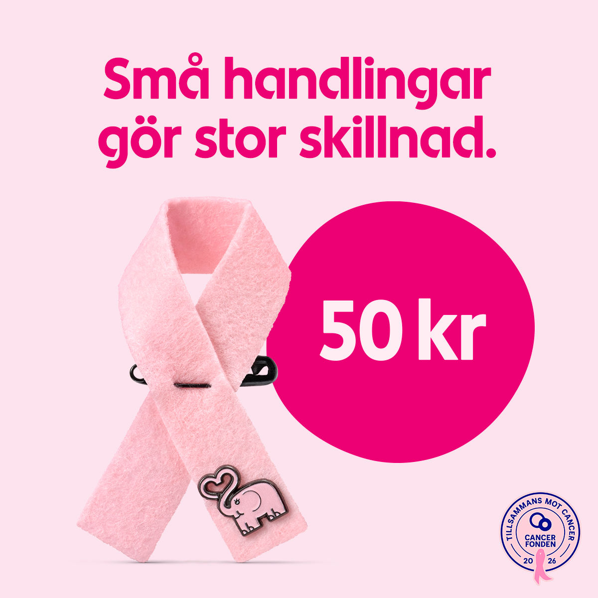 Rosa Bandet med elefantbrosch fäst vid säkerhetsnål framför rosa bakgrund med text "Små handlingar gör stor skillnad" och cirkel med "50 kr". tillsammans med Cancerfonden logotyp. Köp ett rosa band eller armband från Cancerfonden och var med och rädda liv. Tack för ditt bidrag!. Rosa Bandet kostar 50 kr och Rosa Armbandet kostar 100 kr.