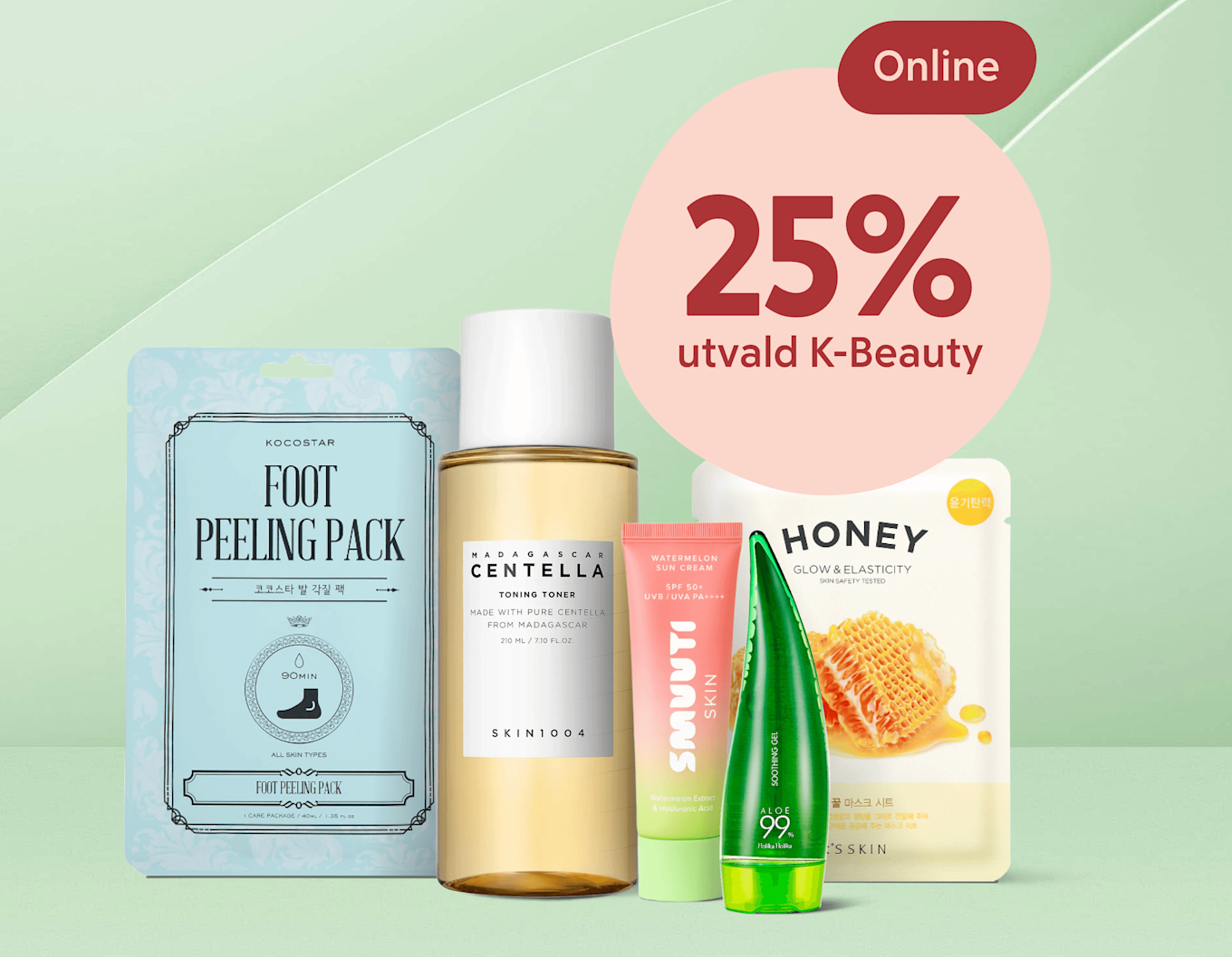K‑Beauty-produkter från olika varumärken står förgrunden framför ett grönt bakgrundselement med rosa cirkel som visar "25% på utvald K-beauty".