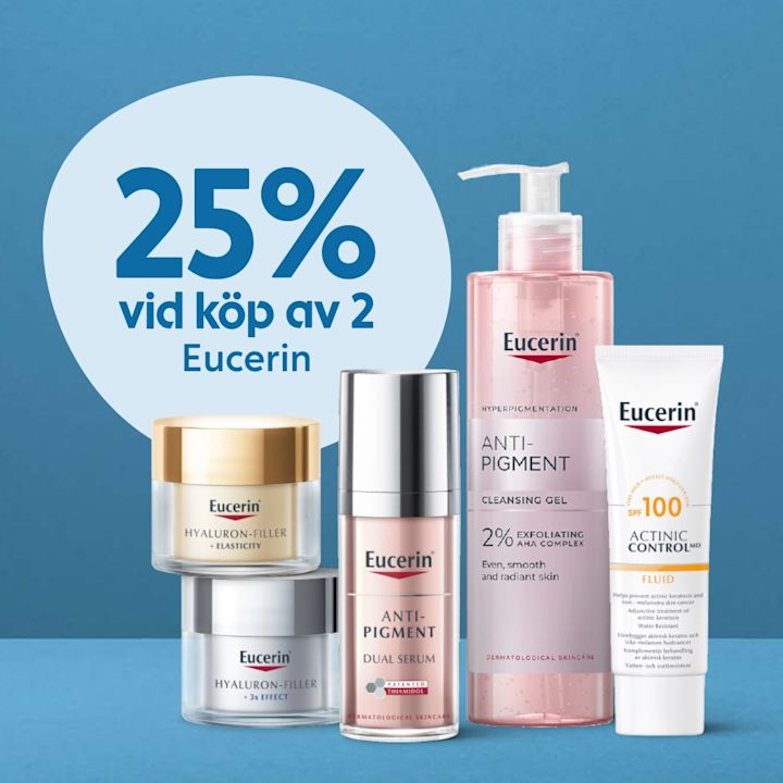 Eucerin hudvårdsprodukter inklusive Hyaluron-Filler, Anti-Pigment serum, rengöringsgel och SPF 100 solskyddsfluid på blå bakgrund. Erbjudande 25% rabatt vid köp av 2 produkter.