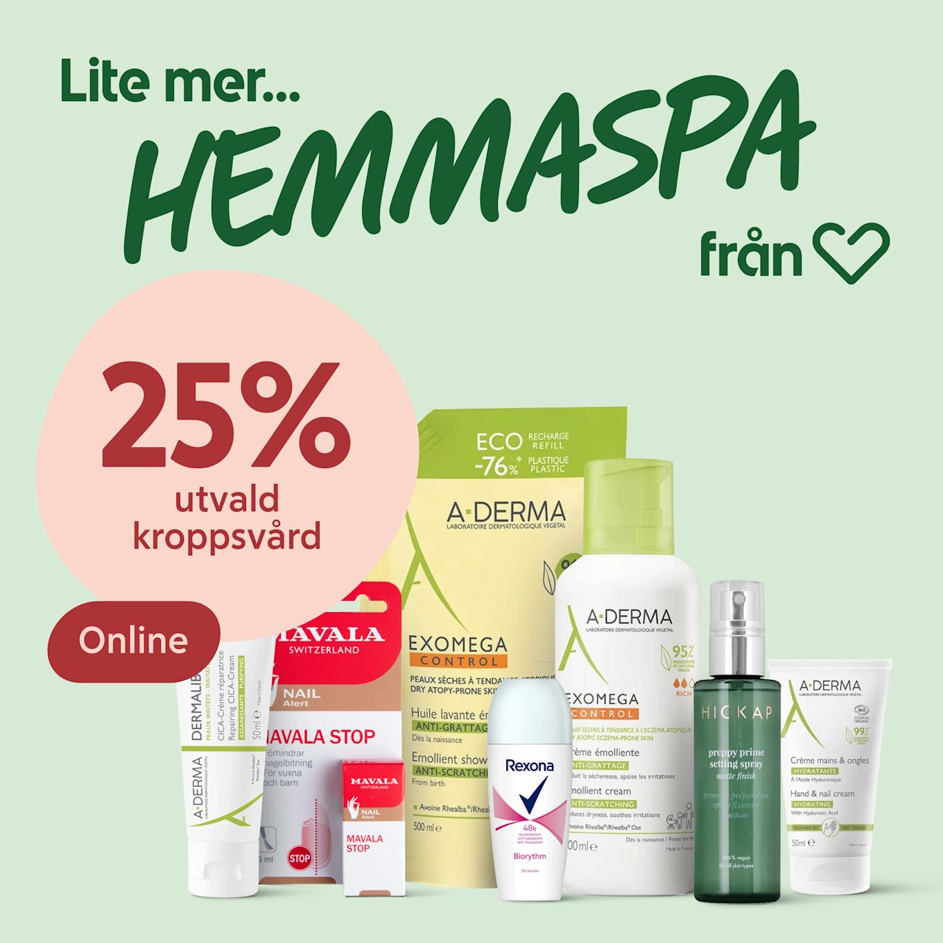 Stor grupp av kroppsvårdsprodukter i olika flaskor och tuber framför mintgrön bakgrund med texten "HEMMASPA" och en stor rosa cirkel märkt "25%".