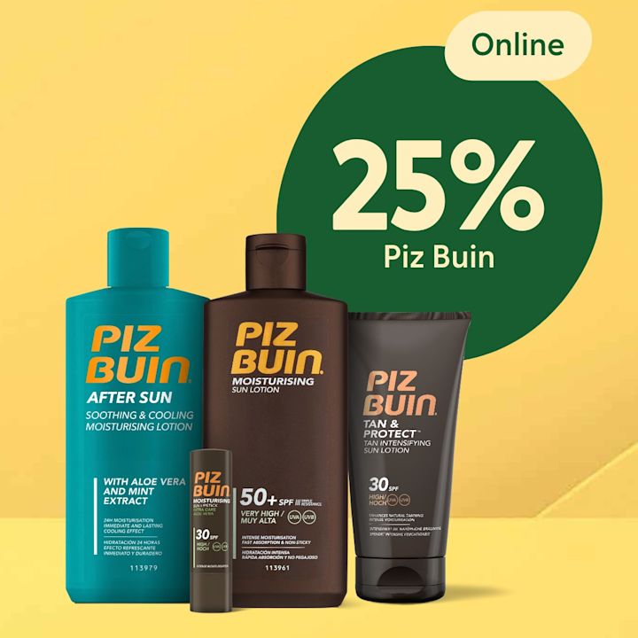 Fyra Piz Buin-solprodukter stående framför gul bakgrund med grön cirkel och texten "25% Piz Buin" som visar rabatt.