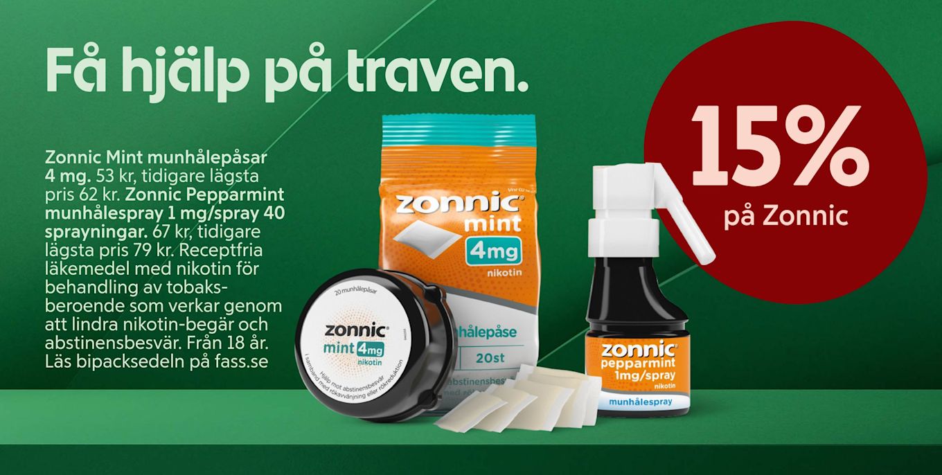 Zonnic mint nikotinmunhålepåsar och pepparmintmunhålespray visas med text om 15% rabatt och användning för tobaksberoende på grön bakgrund.