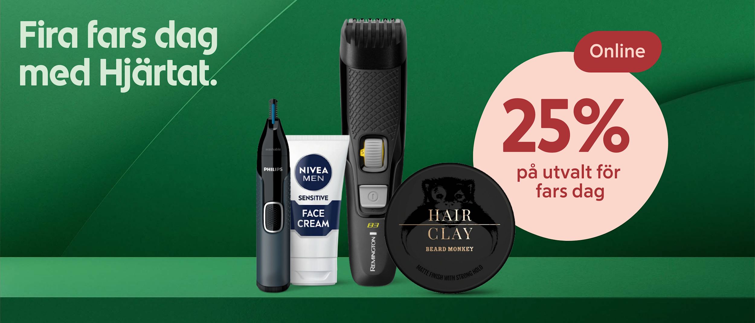 Philips nästrimmer, Nivea Men ansiktskräm, Remington hårtrimmer och Beard Monkey hårvax mot grön bakgrund med text om 25% rabatt online för fars dag.