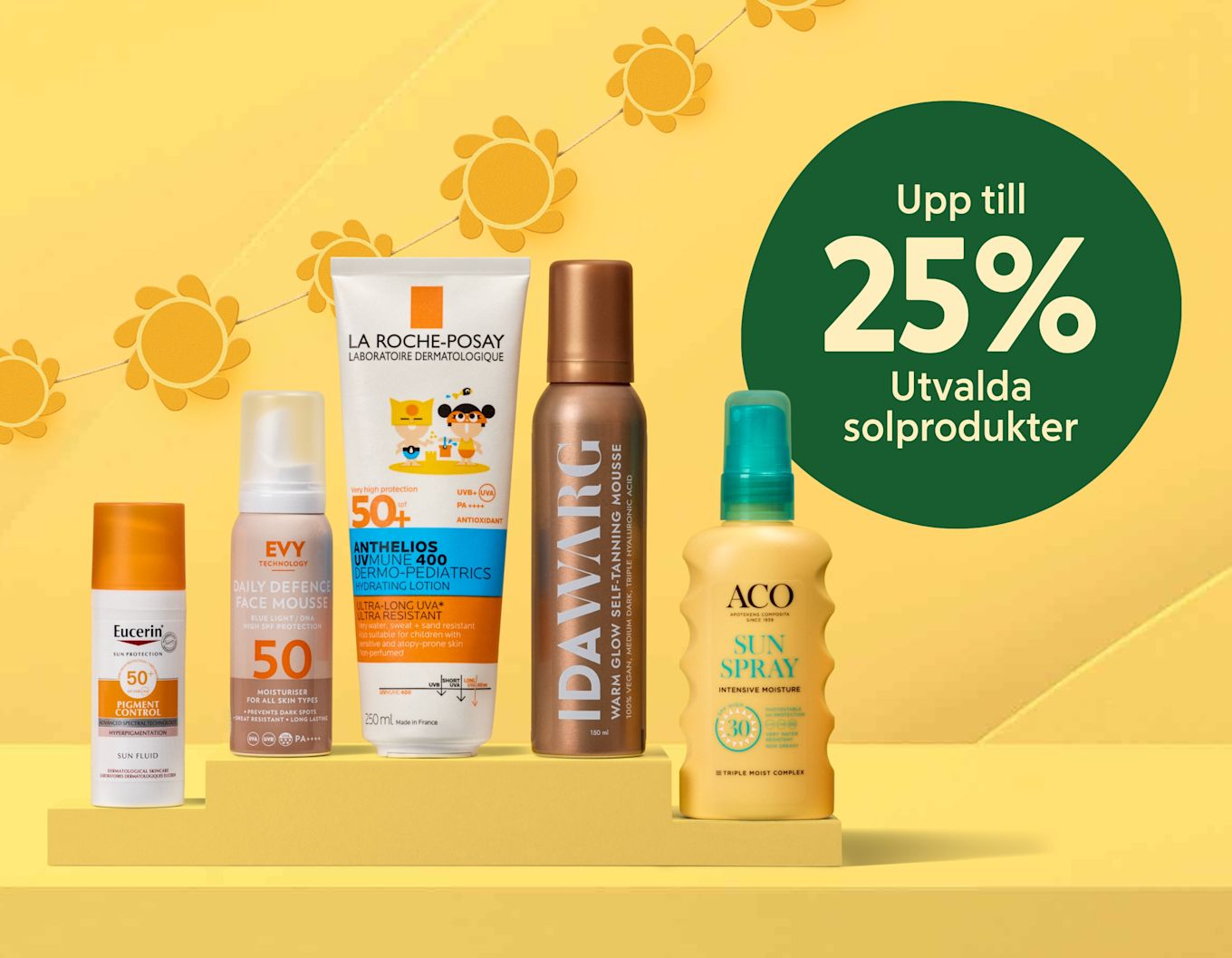 Rader av solskyddsprodukter i olika flaskor och tuber på gula podier, med texten "Upp till 25% Utvalda solprodukter" i en grön cirkel och dekorativa gula blommor i bakgrunden.