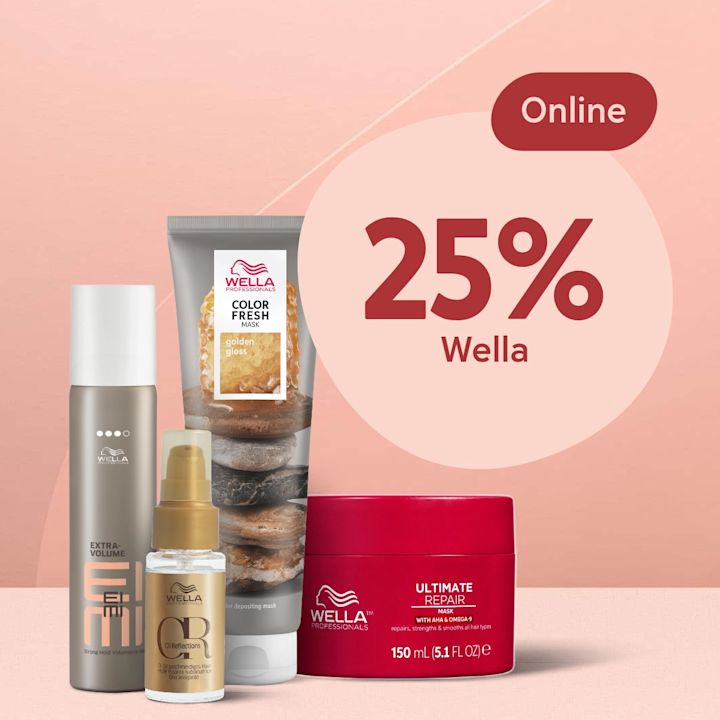 Fyra Wella hårvårdsprodukter på rosa bakgrund och stor cirkel som visar "25% Wella" som erbjudande och texten "Online" .