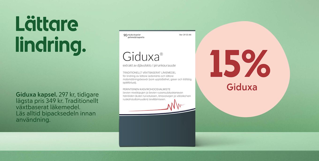 Förpackning av Giduxa kapslar för lindring av ledsmärta och matsmältningsbesvär, placerad mot grön bakgrund med text om 15% rabatt.