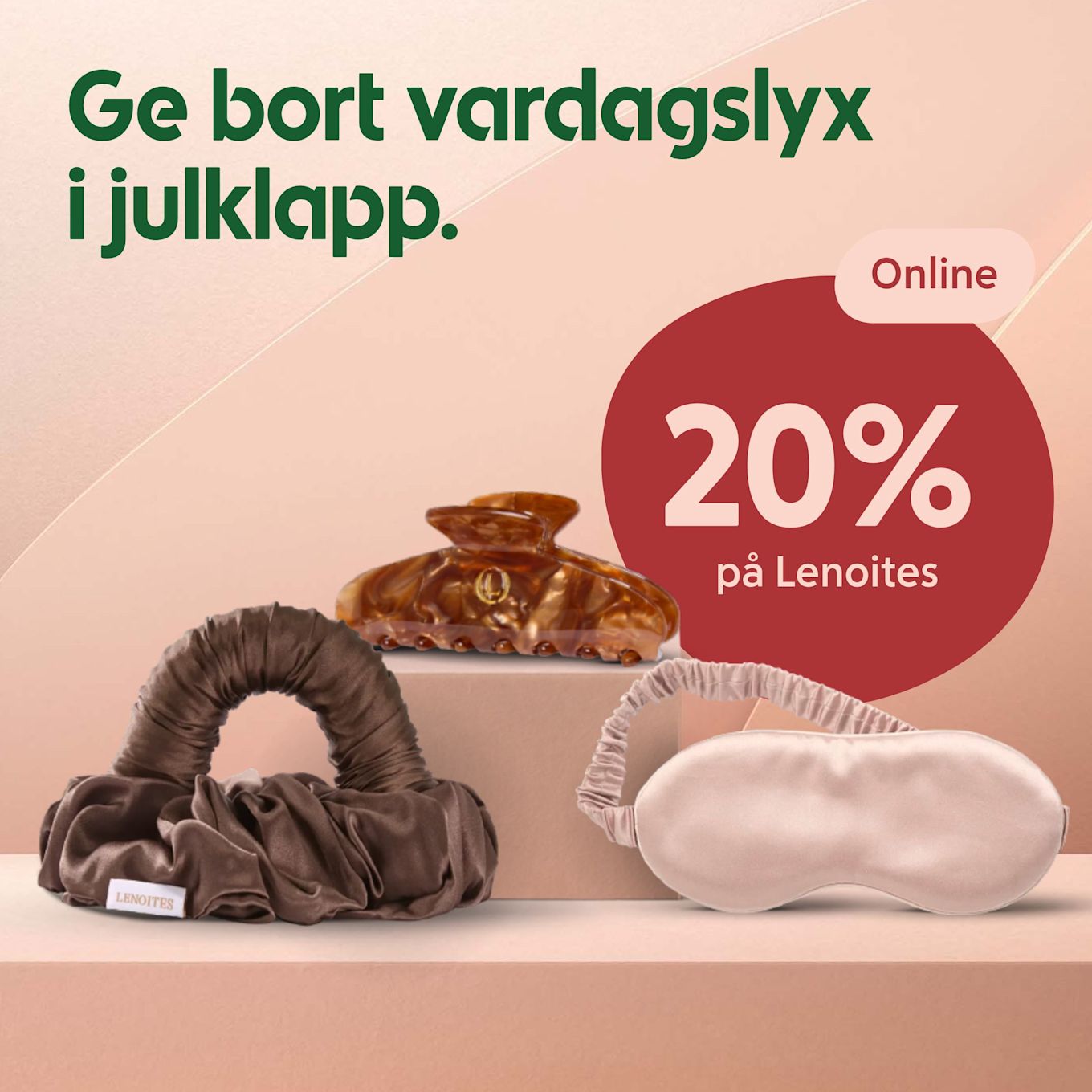 Bruna och beige håraccessoarer och sovmask visas på beige ytor med text om 20% rabatt online på Lenoites.