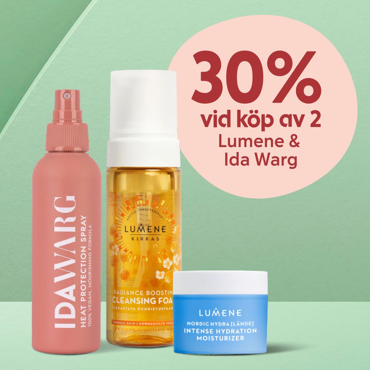 Sprayflaska, rengöringsskum och fuktighetskräm från Ida Warg och Lumene med texten "30% vid köp av 2 Lumene & Ida Warg" på grön bakgrund.