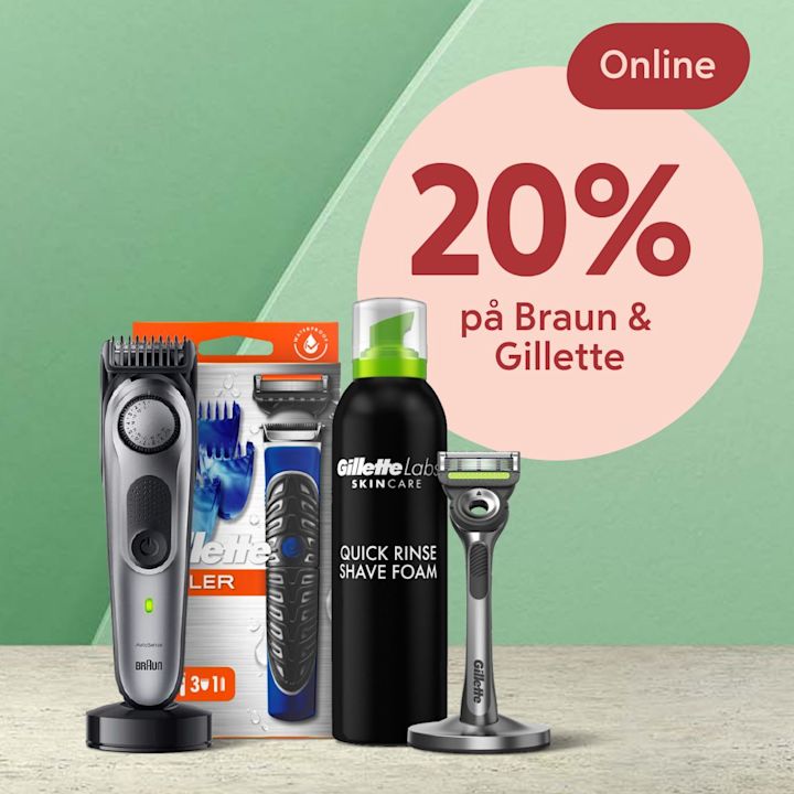 Rakapparat, rakhyvel och rakskum står på bord med texten "20% på Braun & Gillette Online" i bakgrunden.