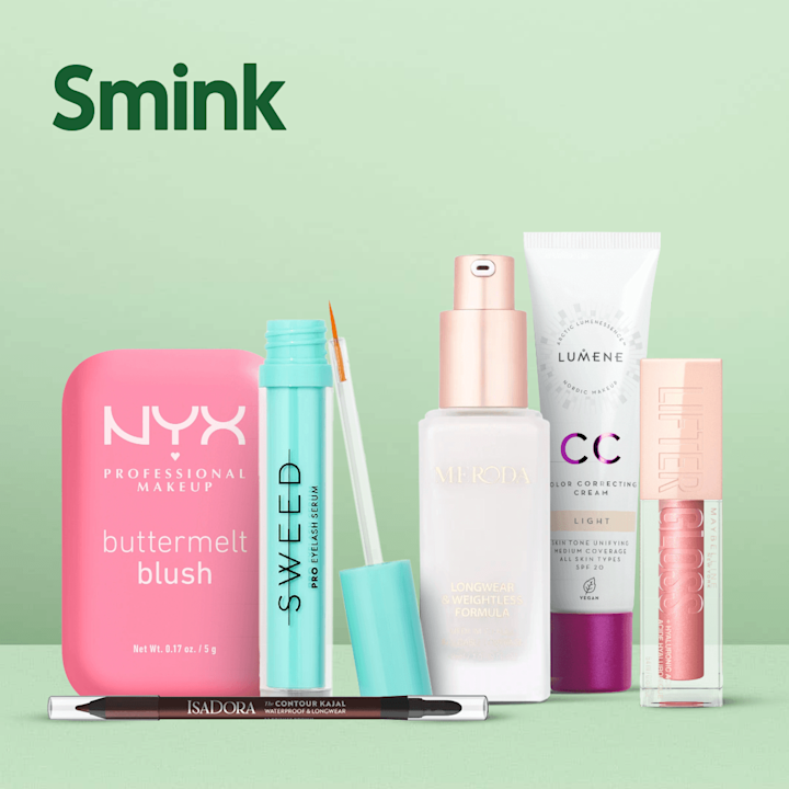 Ingång till kategorin Smink. I bild står flera sminkprodukter från Nyx, Sweed, Meroda, Lumene och L'Oréal Paris mot en ljusgrön bakgrund med rubriken "Smink".