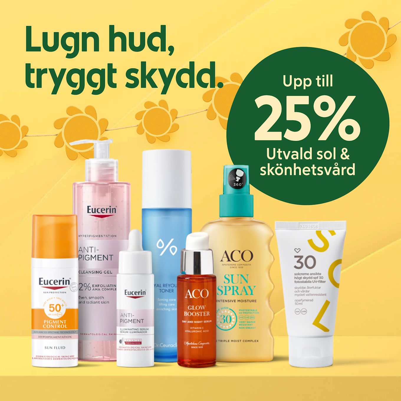 Flera sol- och hudvårdsprodukter i rad (Eucerin, ACO med flera) framför gul bakgrund med girlang av solblommor och grön cirkeltext "Upp till 25% Utvald sol & skönhetsvård".